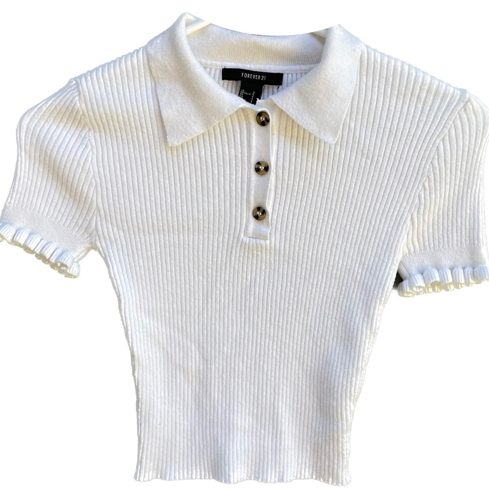 Forever 21 | White Ribbed Collared Crop Top | Size S
